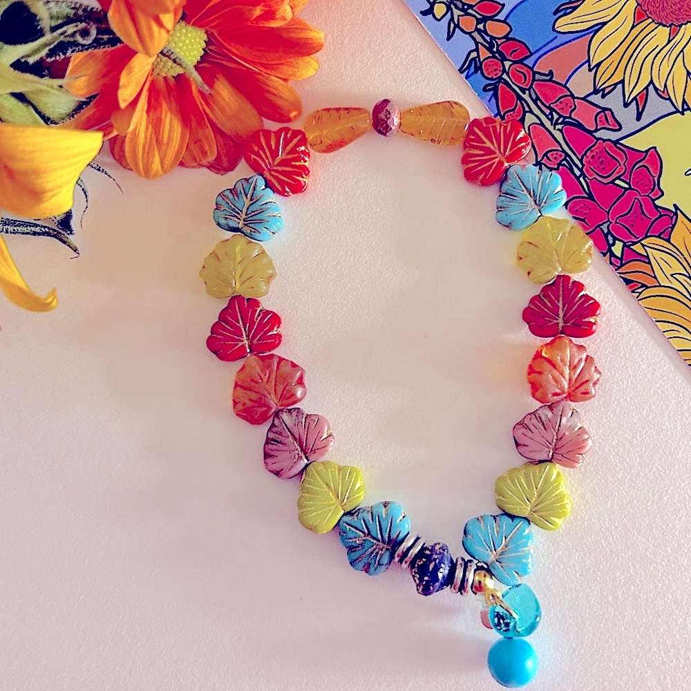 NWOT bracelet bright Autumn Leaves Czech Glass Turquoise & Coral charms,stretch
